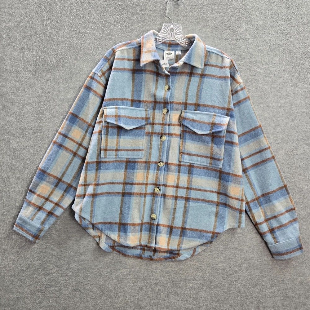 Ford Women Top Small Blue Plaid Flannel Bronco Butterfly Button Up Collar